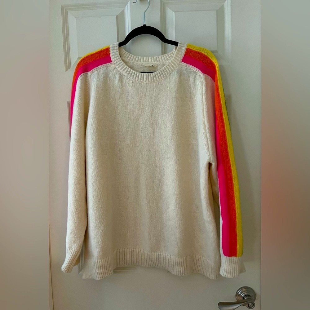 Jodifl Ivory Knit Crewneck Sweater w/rainbow Striped Sleeves 2XL or oversized